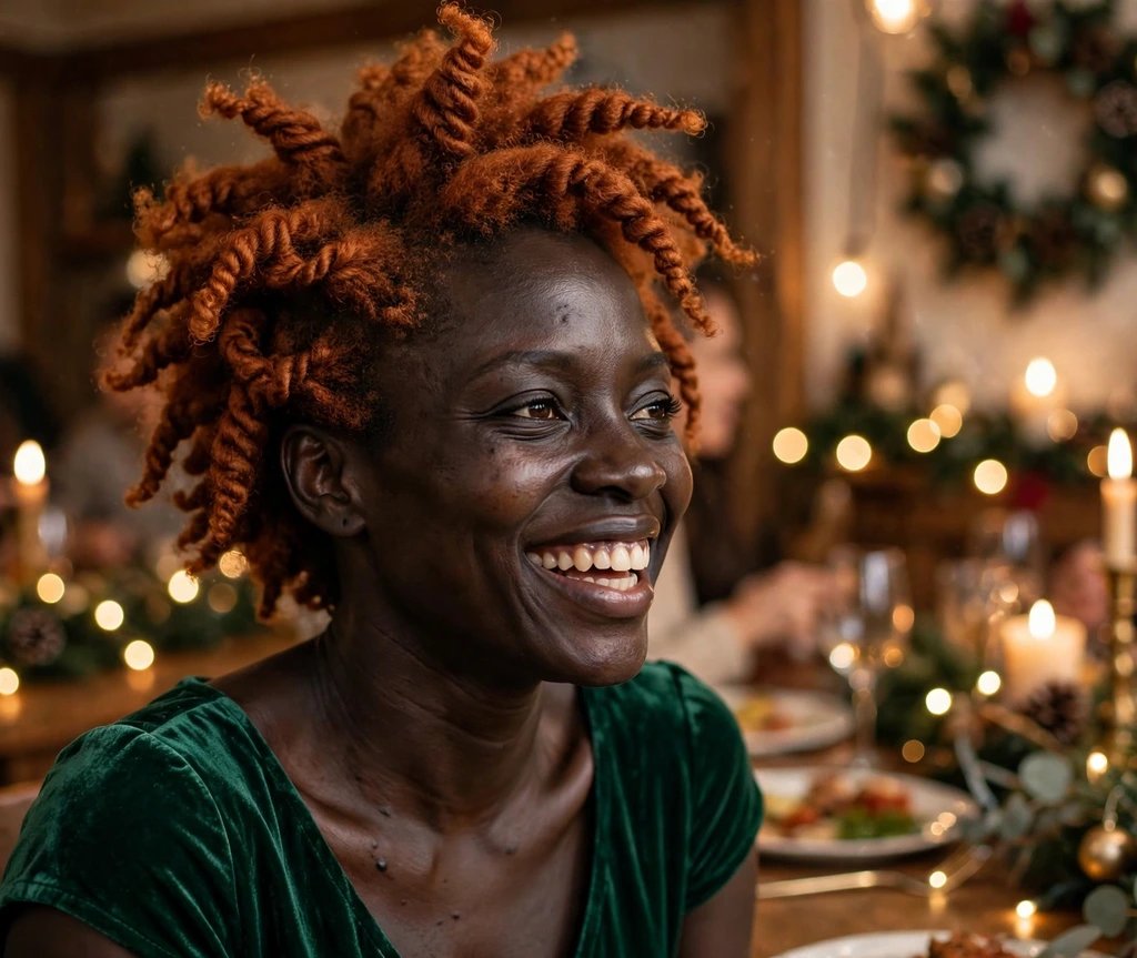 Fiery copper twist-out worn with an emerald dress at Christmas dinner
