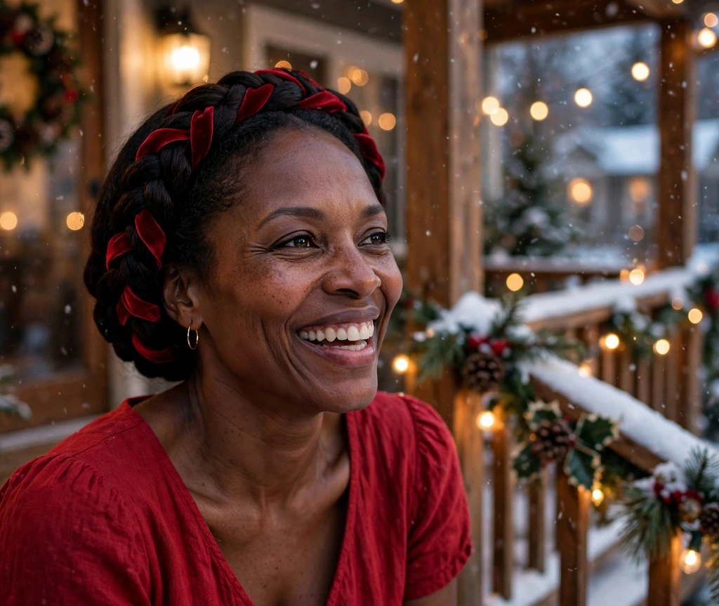 Lovely halo braid with red velvet accents on a snowy porch