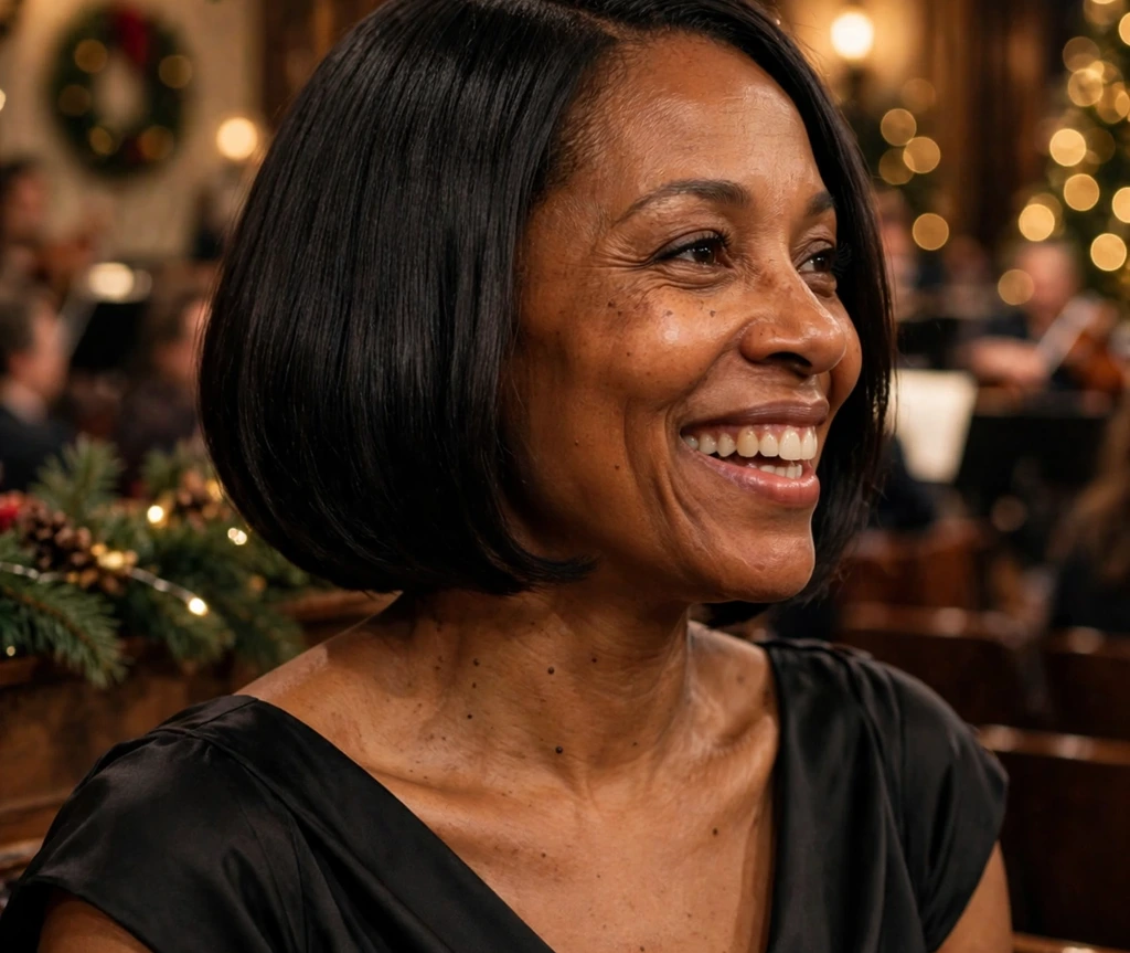 Silky wrap-style bob worn with a black cocktail dress at a Christmas concert
