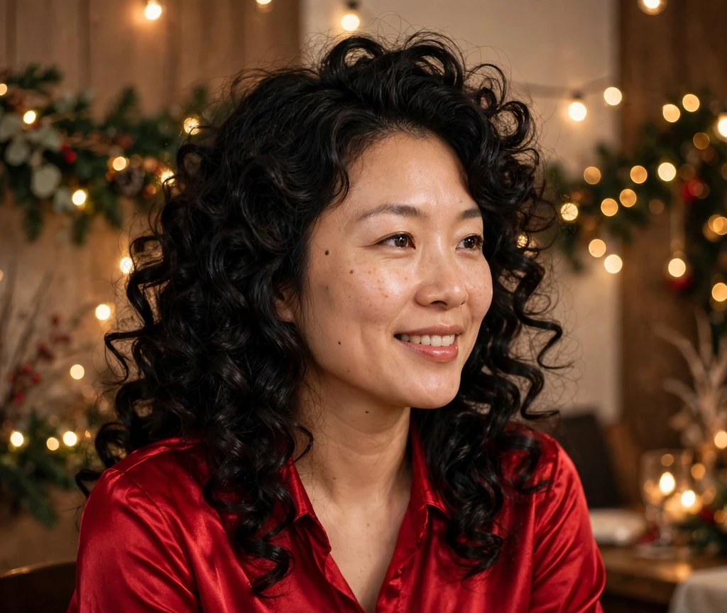 Sparkling curly Christmas blowout with bouncy defined spiral curls