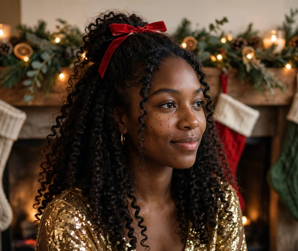 Red ribbon curly half-up Christmas hairstyle with long coily curls