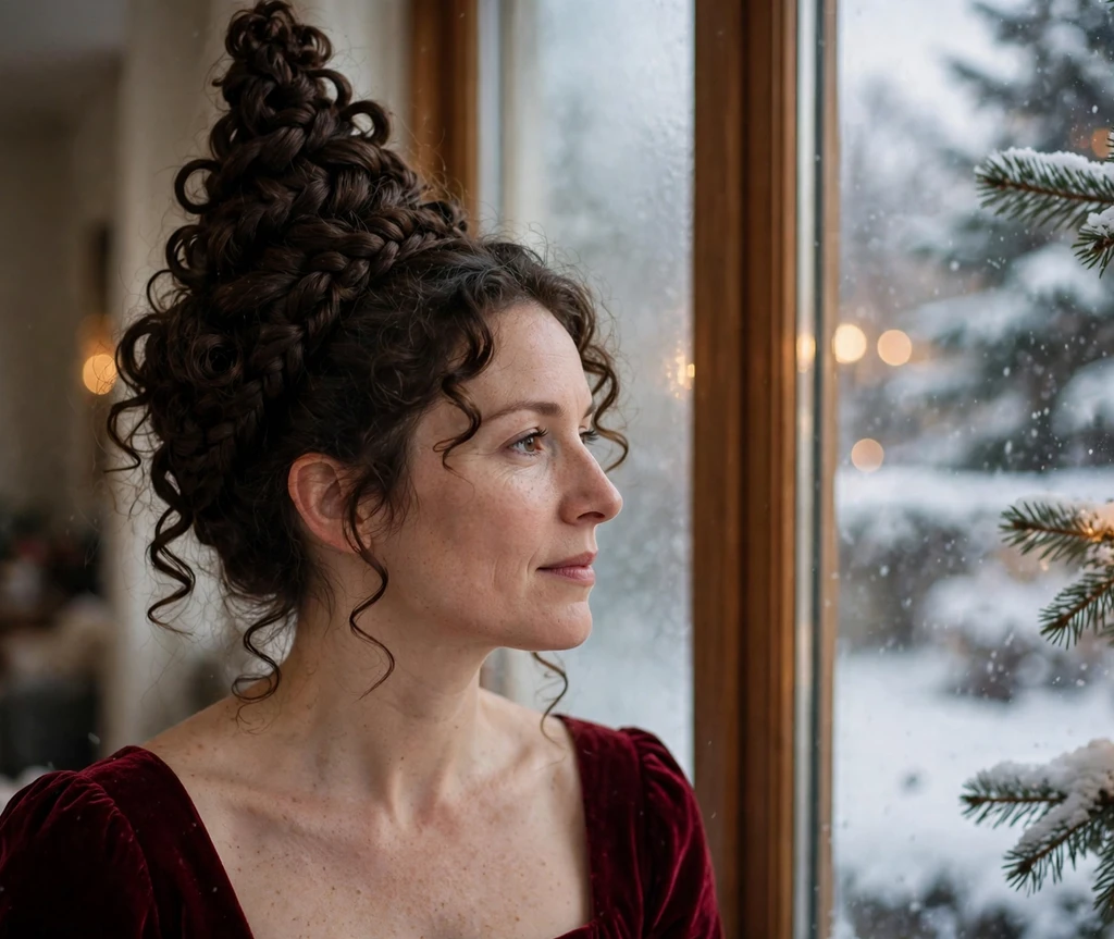 Curly Christmas tree braid updo with coiled curls in an elegant braided twist
