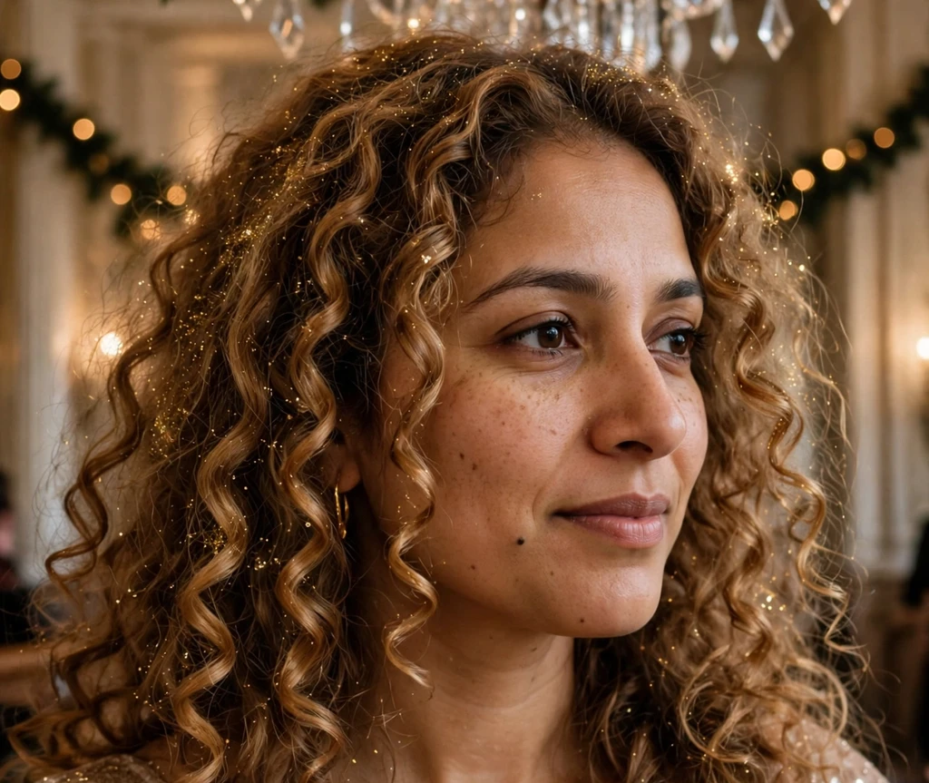 Golden glitter spiral curls for Christmas with sparkling defined curls