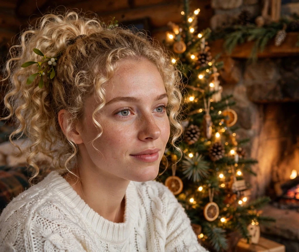 Mistletoe curly high ponytail with bouncy blonde curls and mistletoe sprig