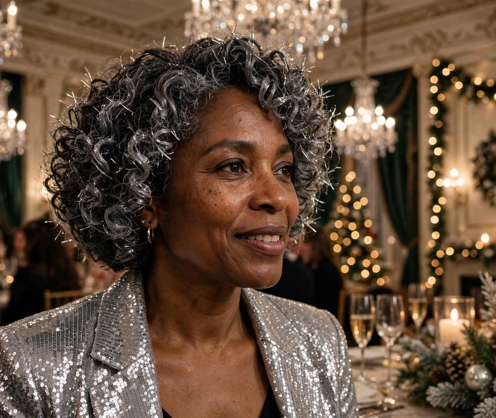 Frosted tinsel curly bob with silver-tipped curls for Christmas