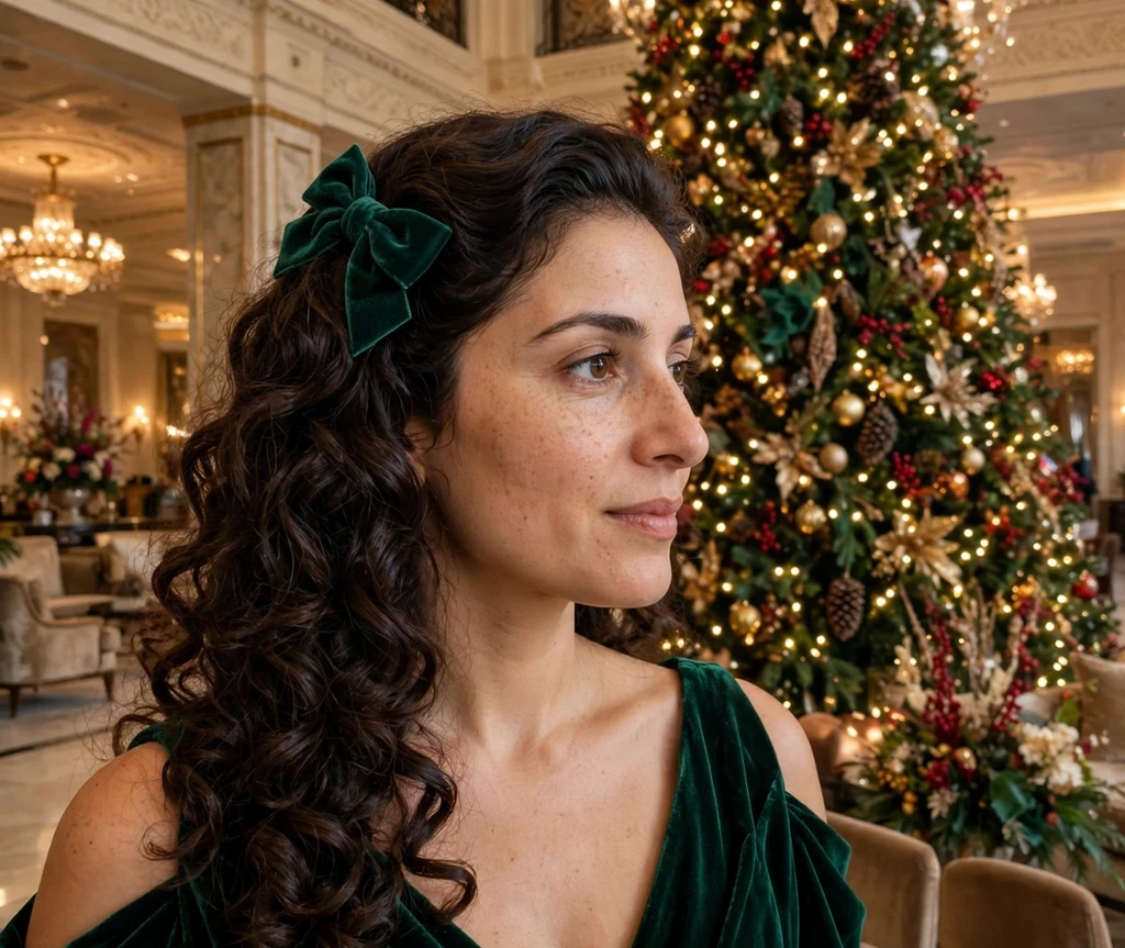 Emerald bow curly side sweep hairstyle with glossy dark curls