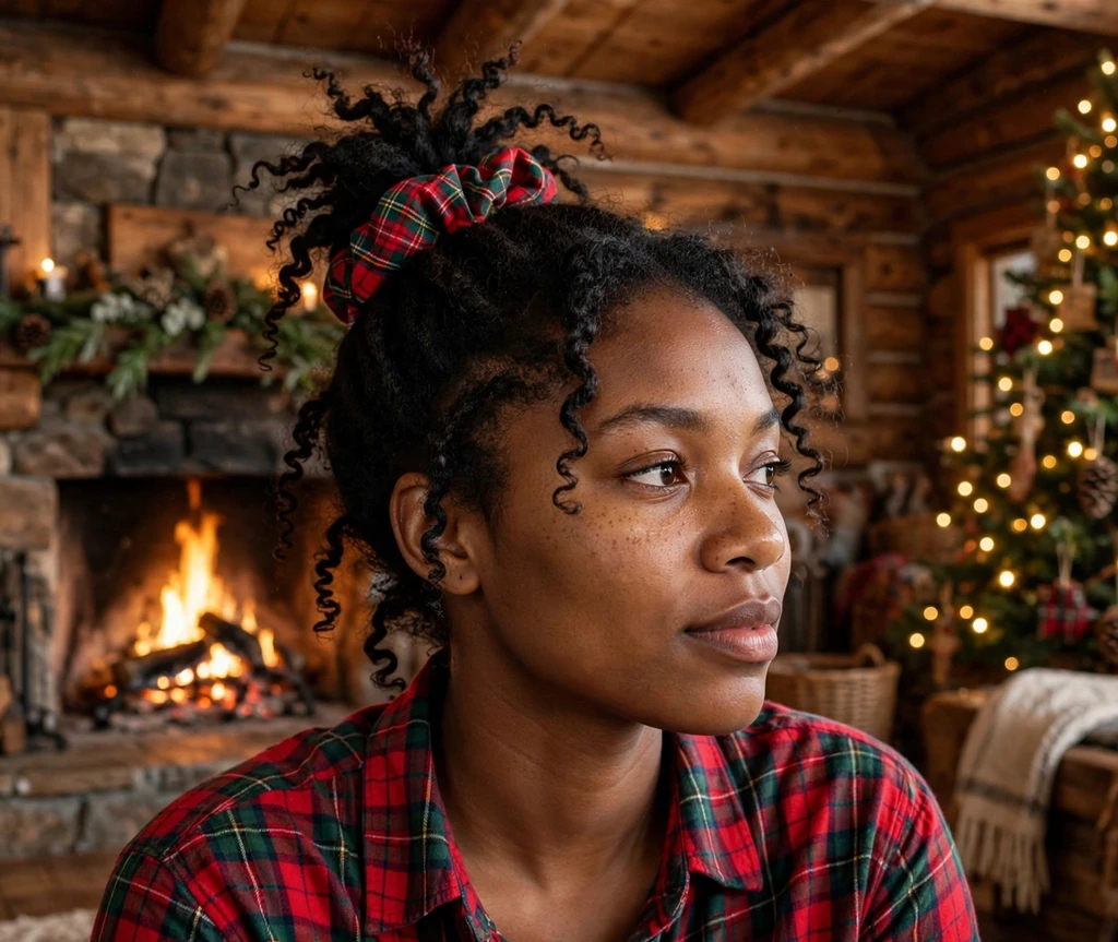 Nutcracker curly top knot with coily curls and plaid scrunchie
