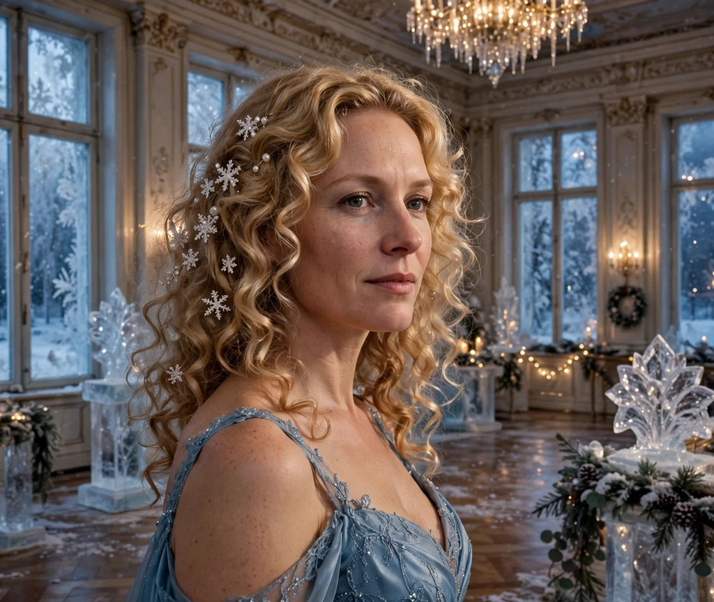 Snowflake pearl-pinned blonde curls for a winter Christmas ball