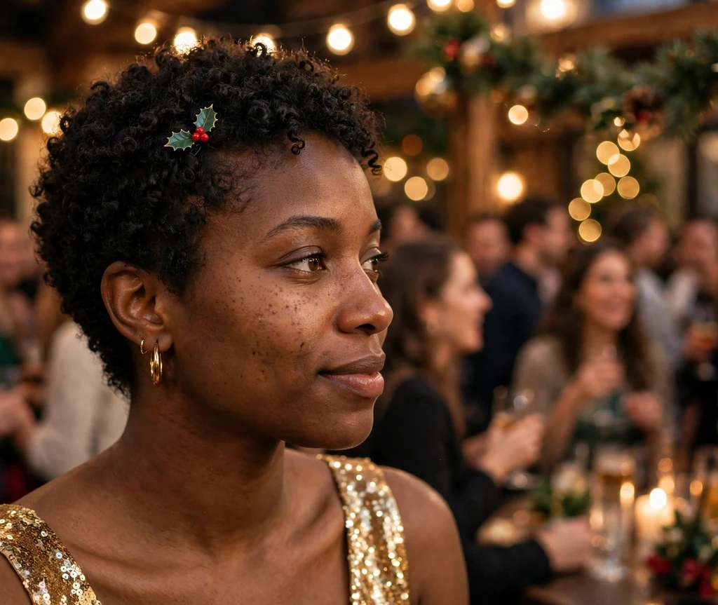 Holly berry curly pixie cut with tight coils and festive hair clip