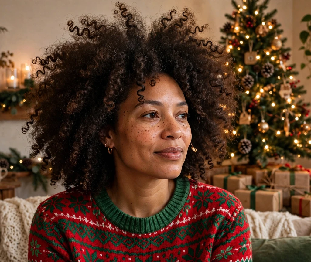 Gingerbread curly afro with voluminous natural coils and festive sweater
