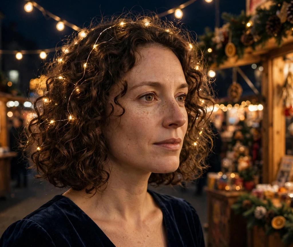 Twinkling fairy-light curly lob with lights woven through curls at a Christmas market