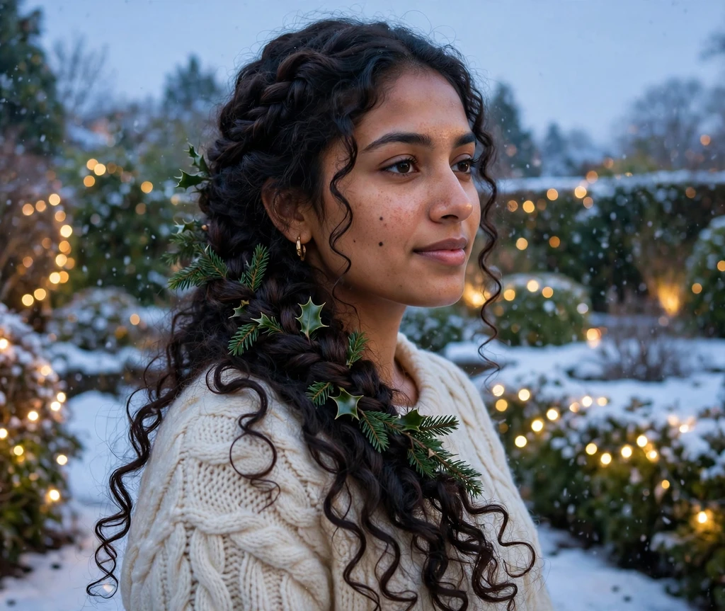 Garland-inspired curly waterfall braid with holly sprigs in snowy garden