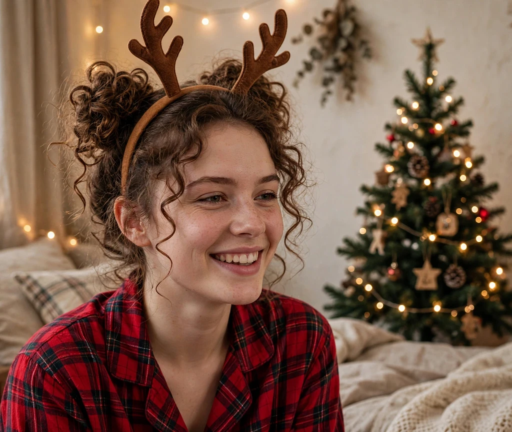 Reindeer curly space buns with antler headband and festive pajamas
