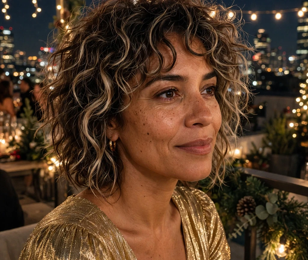 Champagne sparkle curly shag with tousled textured curls at a rooftop party