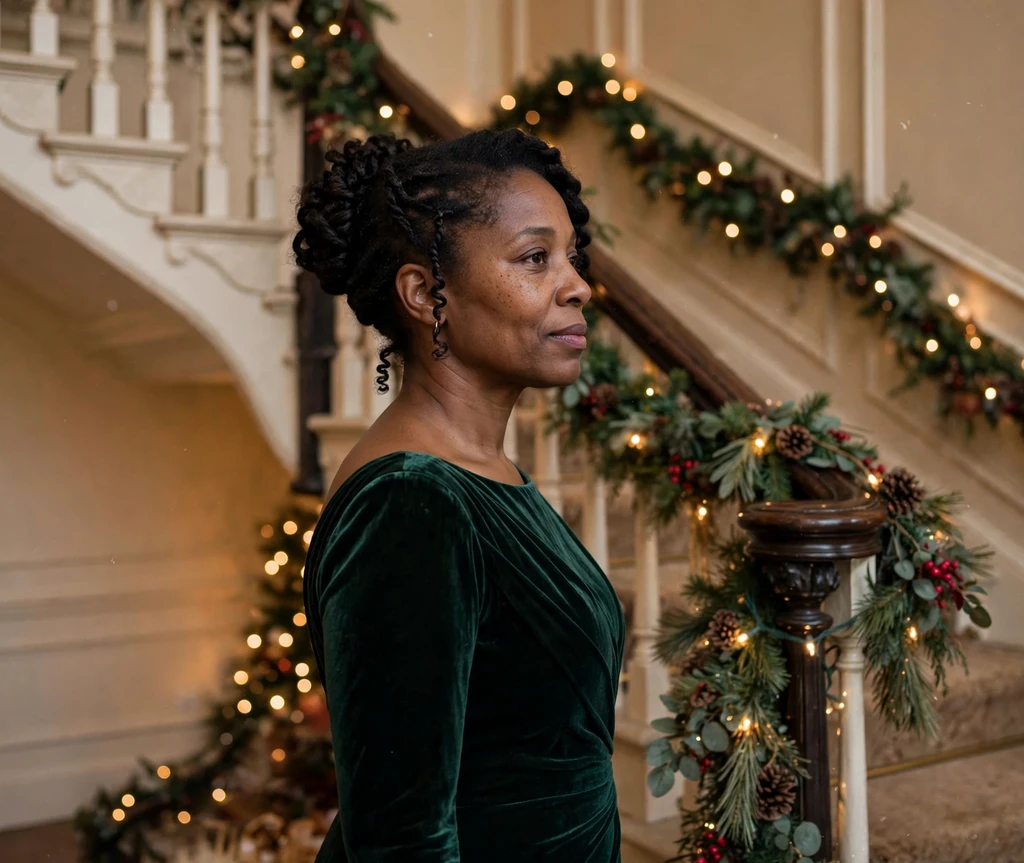 Evergreen curly French twist with elegant coiled curls on a grand staircase