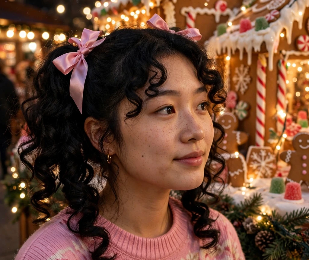 Sugar plum curly pigtails with pink bows and bouncy curls
