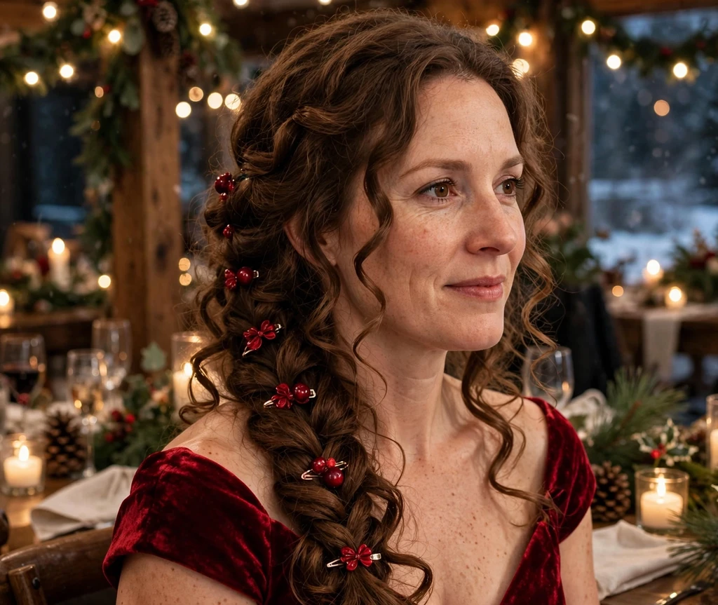 Cranberry curly side braid with berry clips and glossy romantic curls