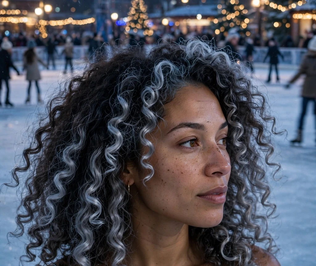 Frosted tips curly balayage curls with silver ends at an ice rink