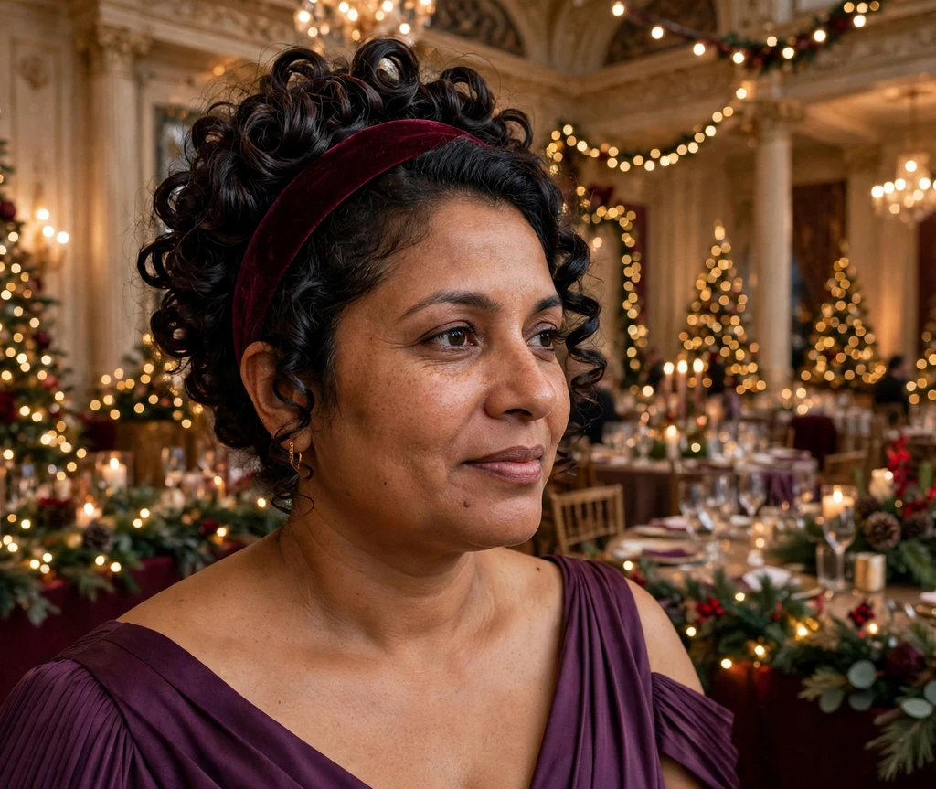 Velvet headband curly updo with burgundy band and glossy curls at a banquet