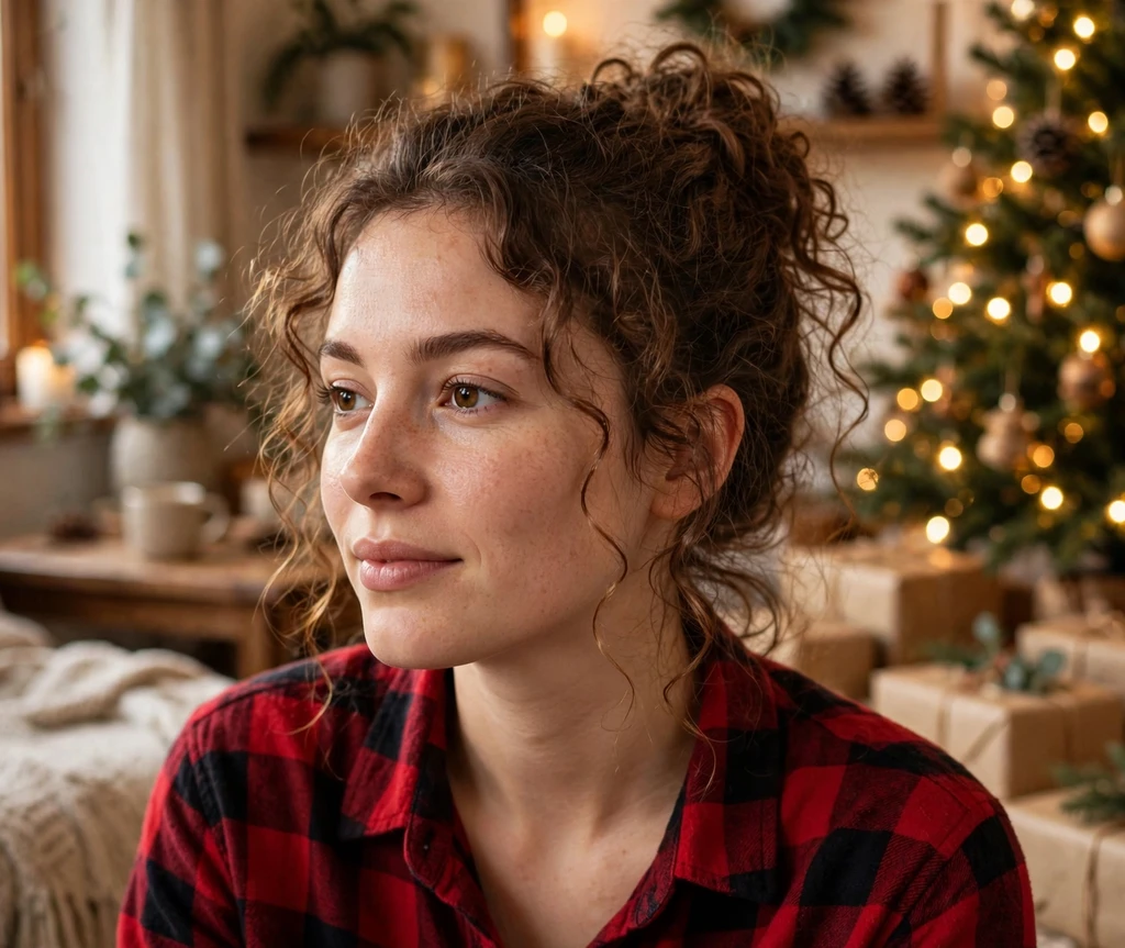 Christmas morning curly messy bun with loose curls and cozy flannel