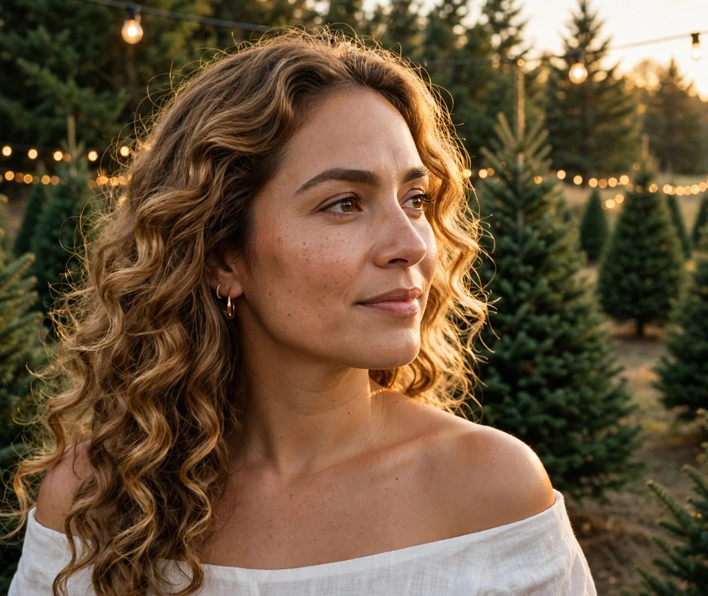 Golden hour loose curly waves glowing at a Christmas tree farm
