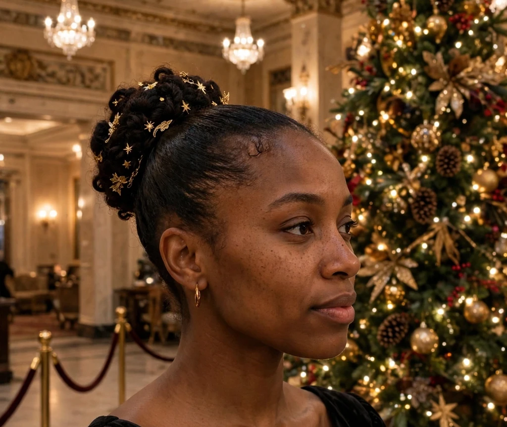 Ornament curly ballerina bun with gold pins and sleek coily texture