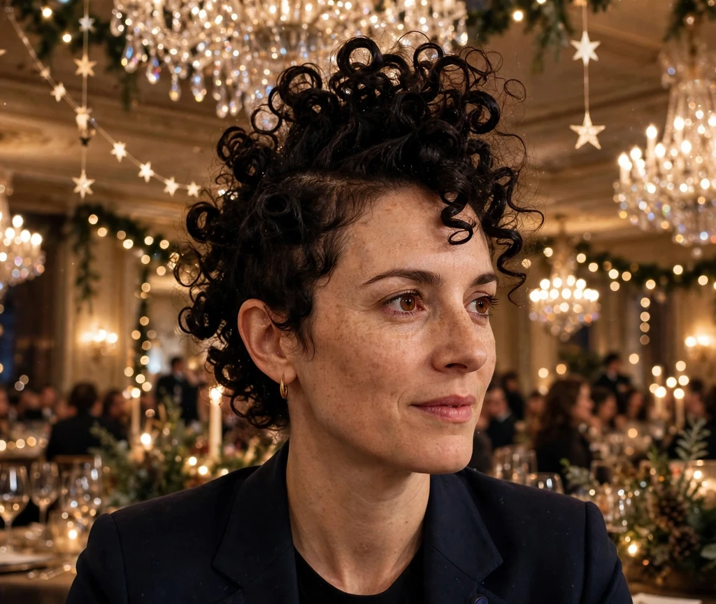 Starry night curly mohawk updo with defined curls at a Christmas gala