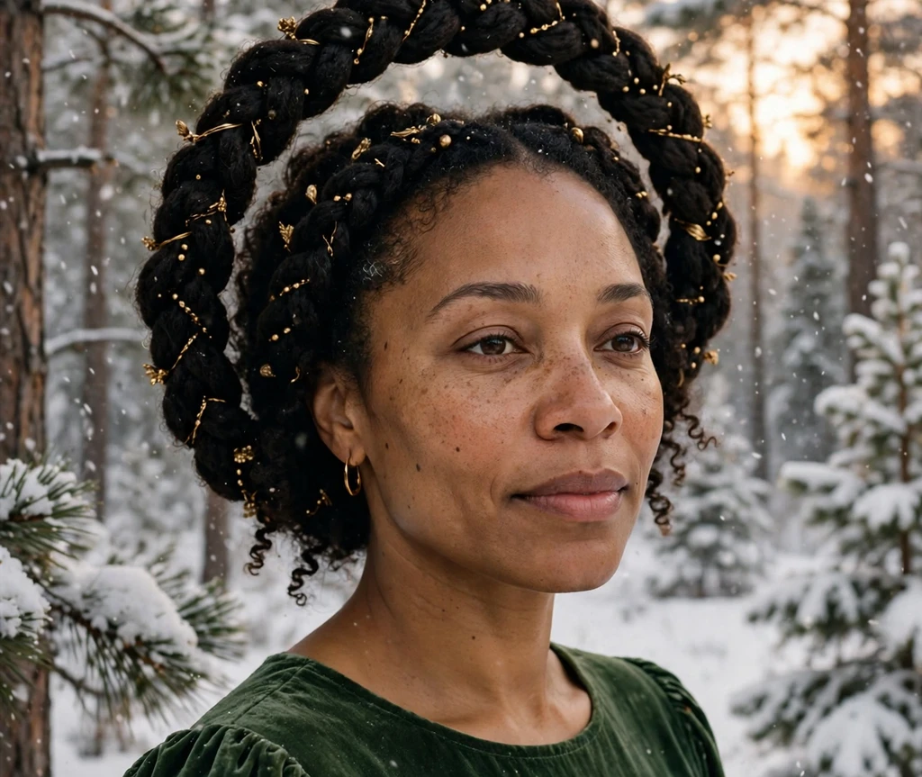 Evergreen curly halo braid crown with gold accents in a snowy forest