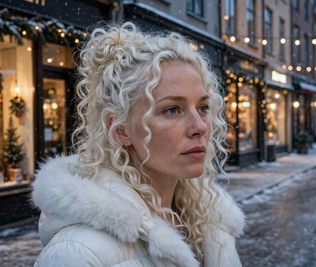 Snow queen curly half-up bun with platinum blonde curls on a snowy street
