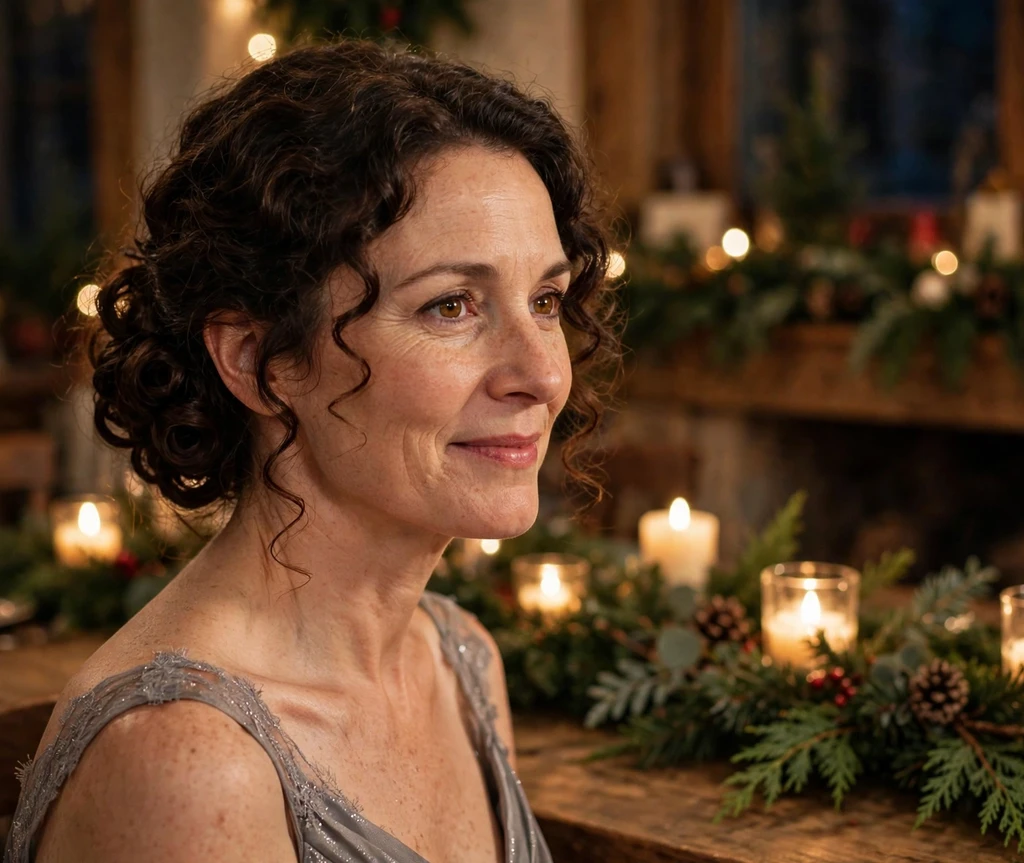 Christmas Eve curly chignon with elegant coiled curls and candlelight