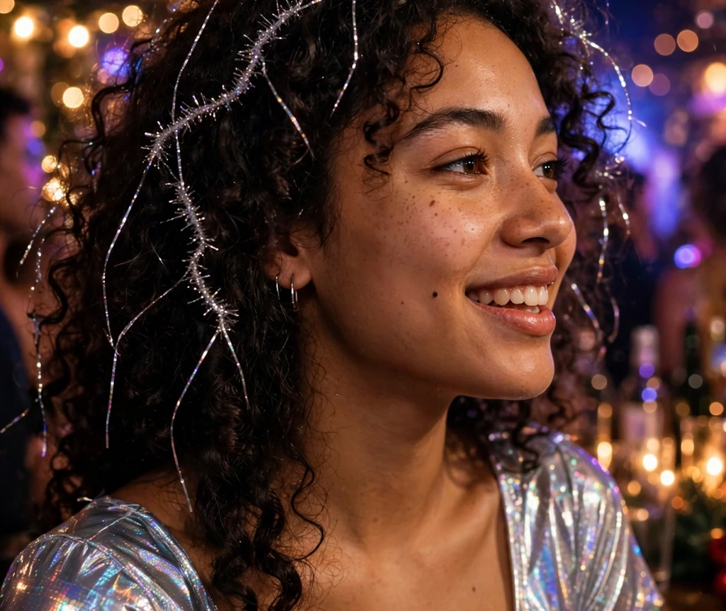Tinsel strand curly accent curls with silver tinsel woven through dark curls