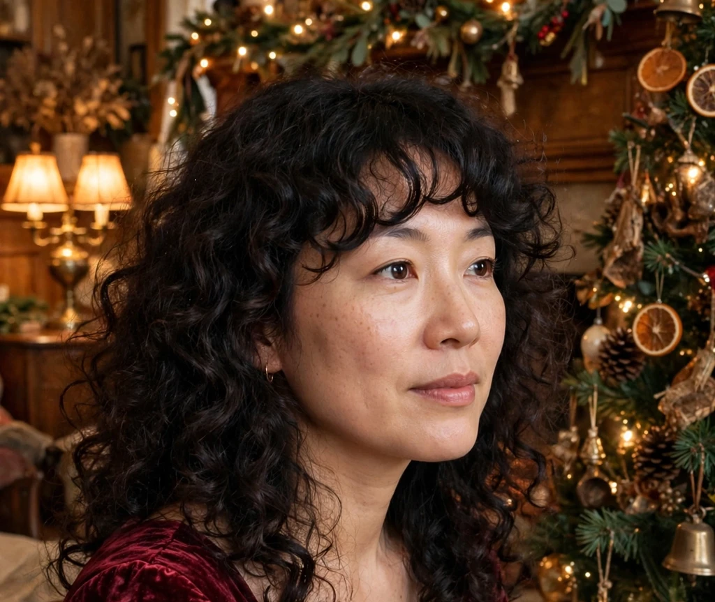 Velvet curly curtain bangs look with soft dark curls in a vintage parlor