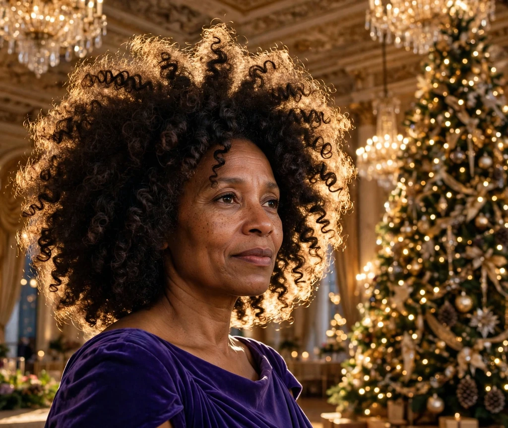 Midnight curly party fro with voluminous glowing coils in a grand ballroom