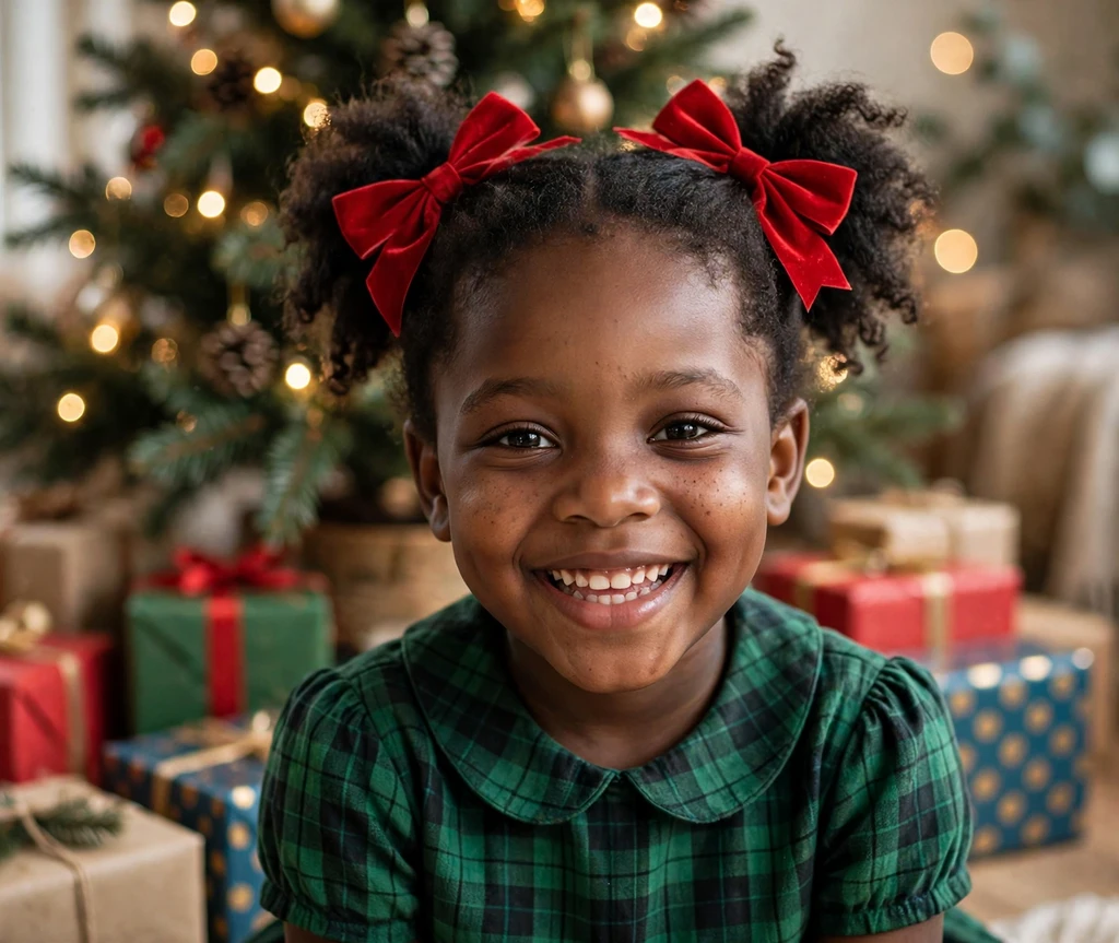 Twinkling pigtails with red velvet bows Christmas hairstyle for kids
