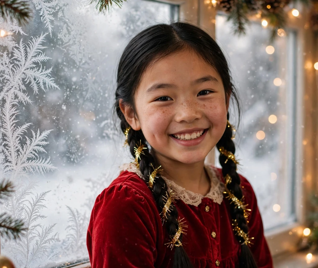 Braided pigtails with gold tinsel ribbons Christmas hairstyle for kids