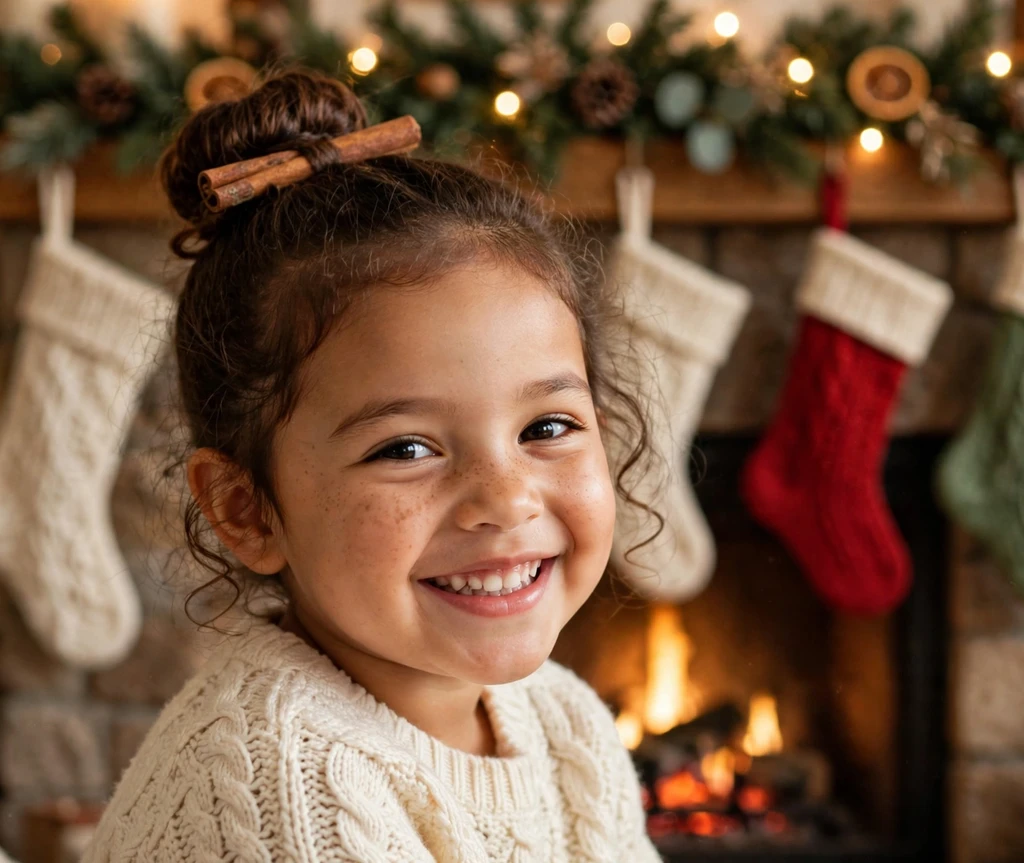 Cozy cinnamon bun updo Christmas hairstyle for kids