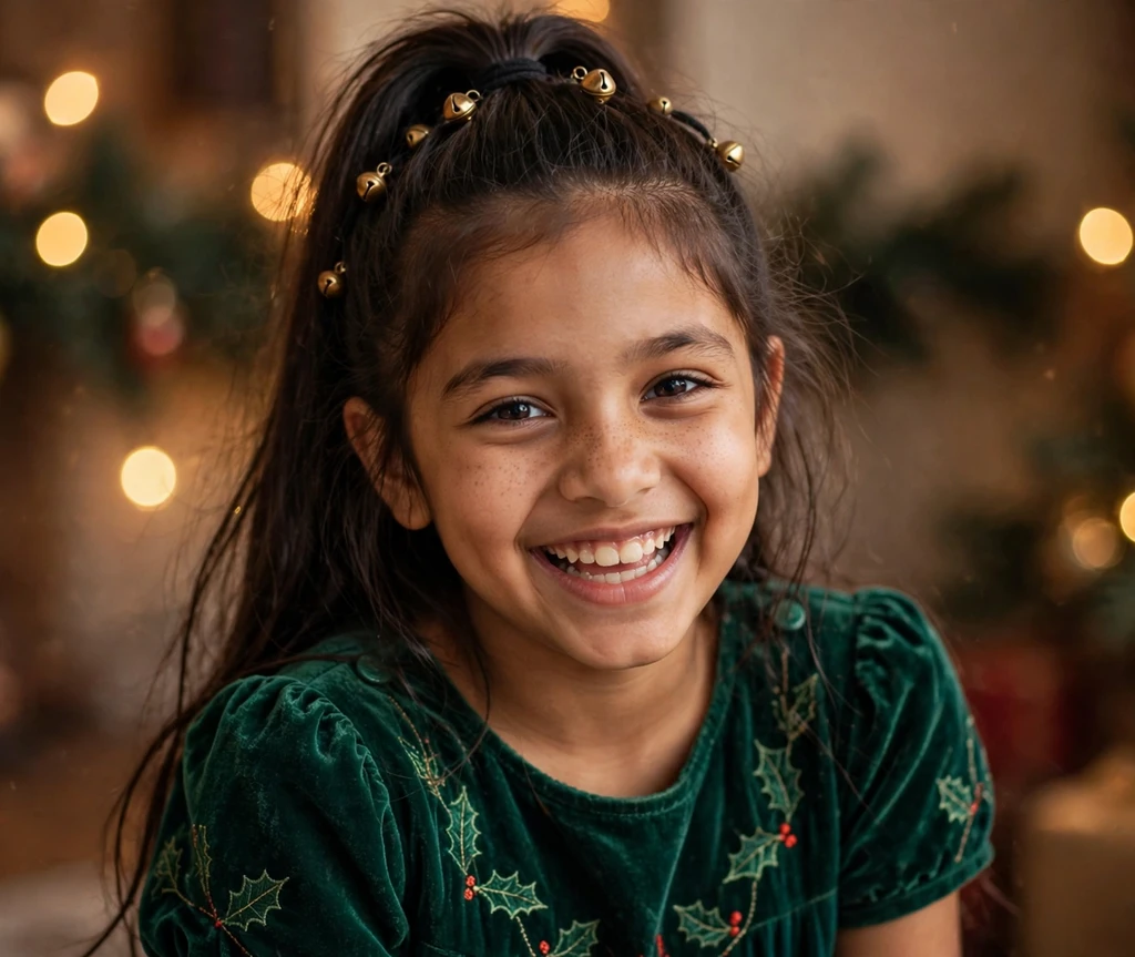 Festive high ponytail with jingle bells Christmas hairstyle for kids