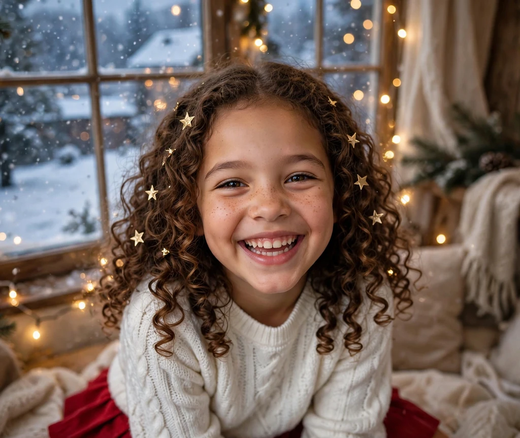 Bouncy holiday curls with gold star clips Christmas hairstyle for kids