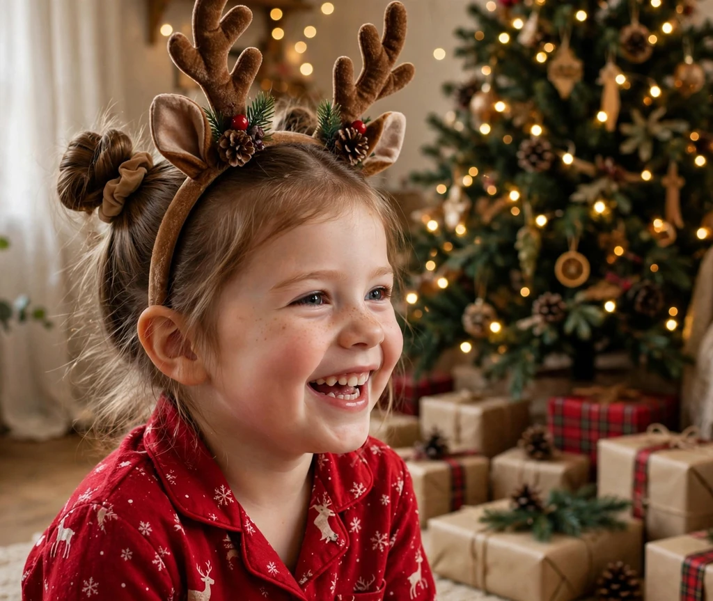 Adorable space buns with reindeer antlers Christmas hairstyle for kids