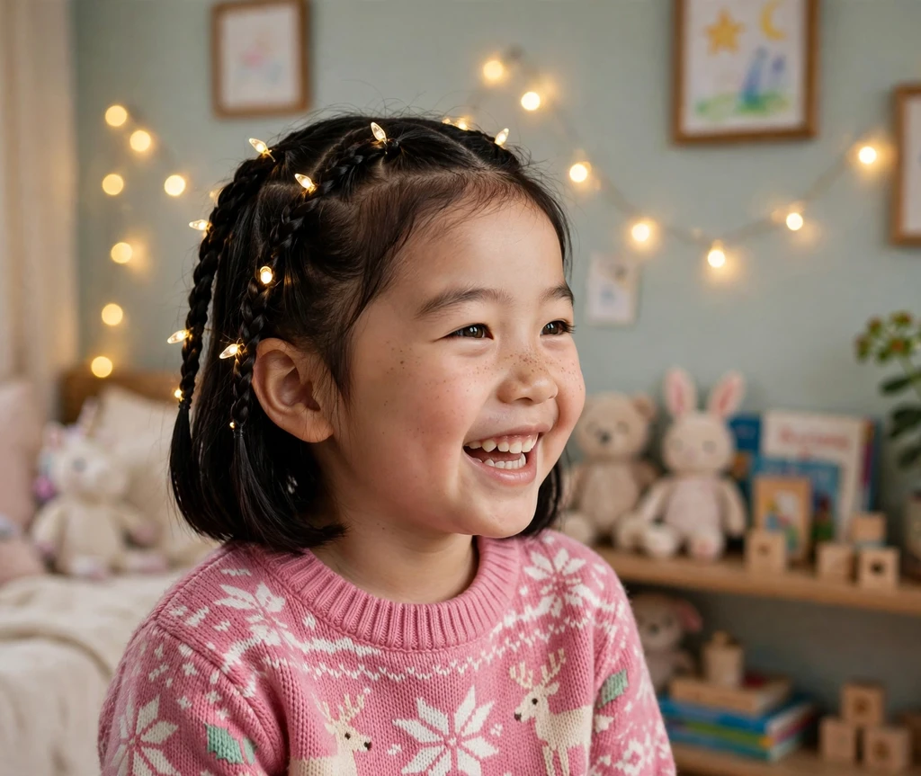 Mini French braids with fairy lights Christmas hairstyle for kids