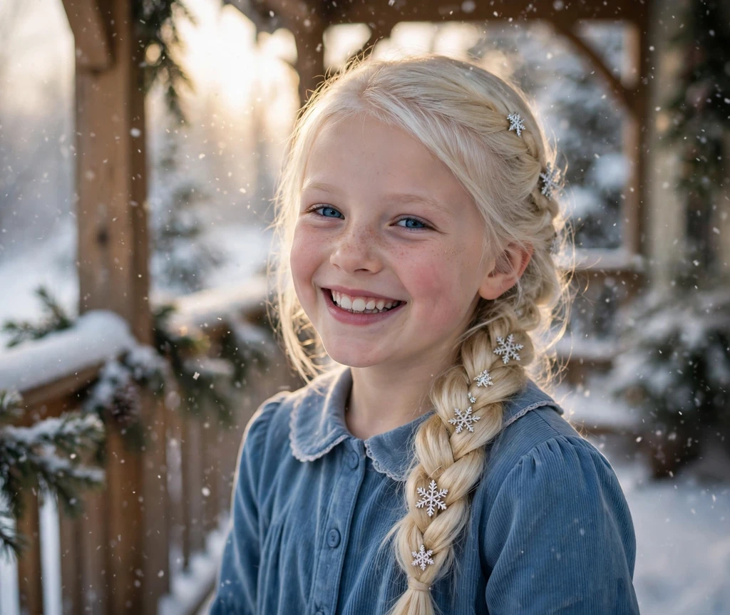 Sweet side-swept braid with snowflake pins Christmas hairstyle for kids