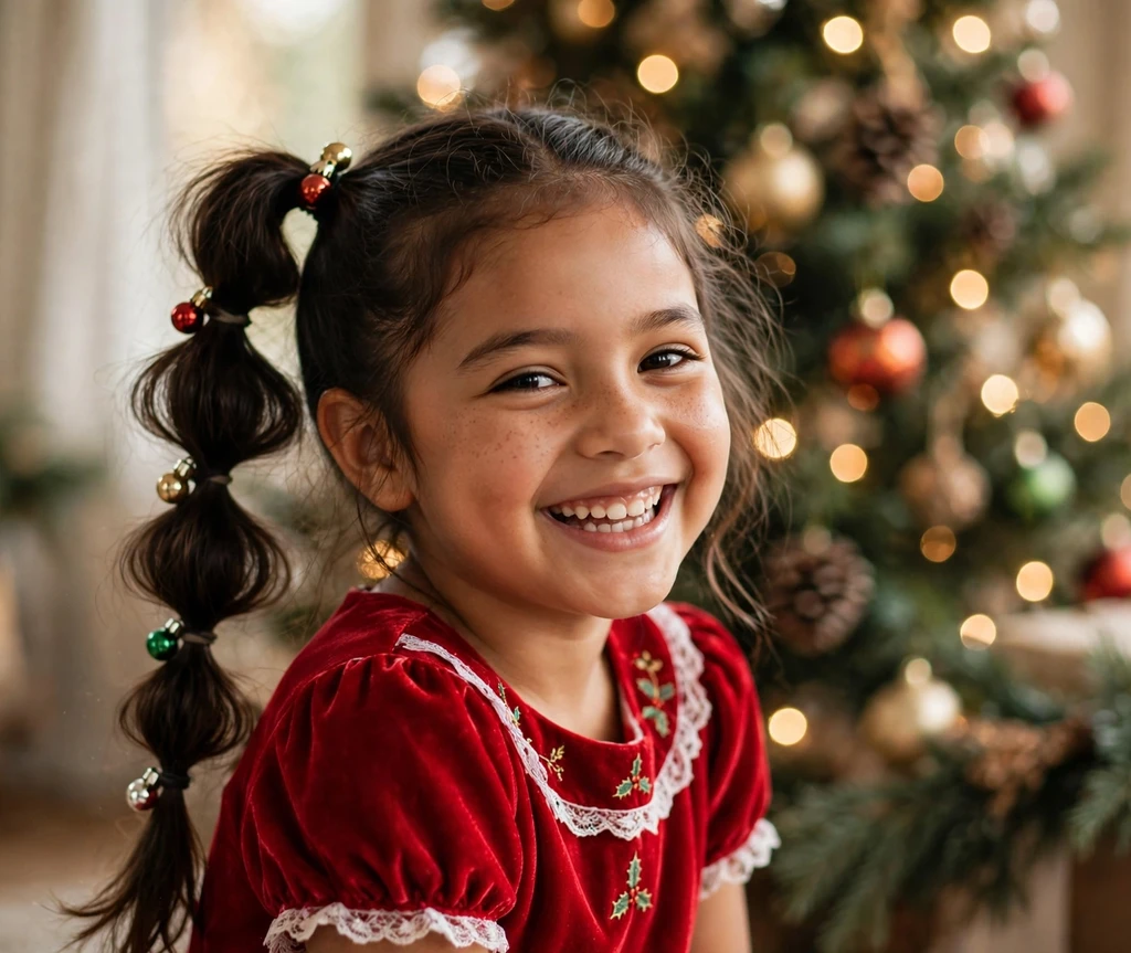Playful bubble ponytail with ornament ties Christmas hairstyle for kids