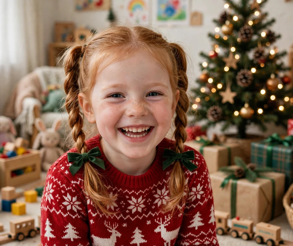 Little elf twists with green bows Christmas hairstyle for kids