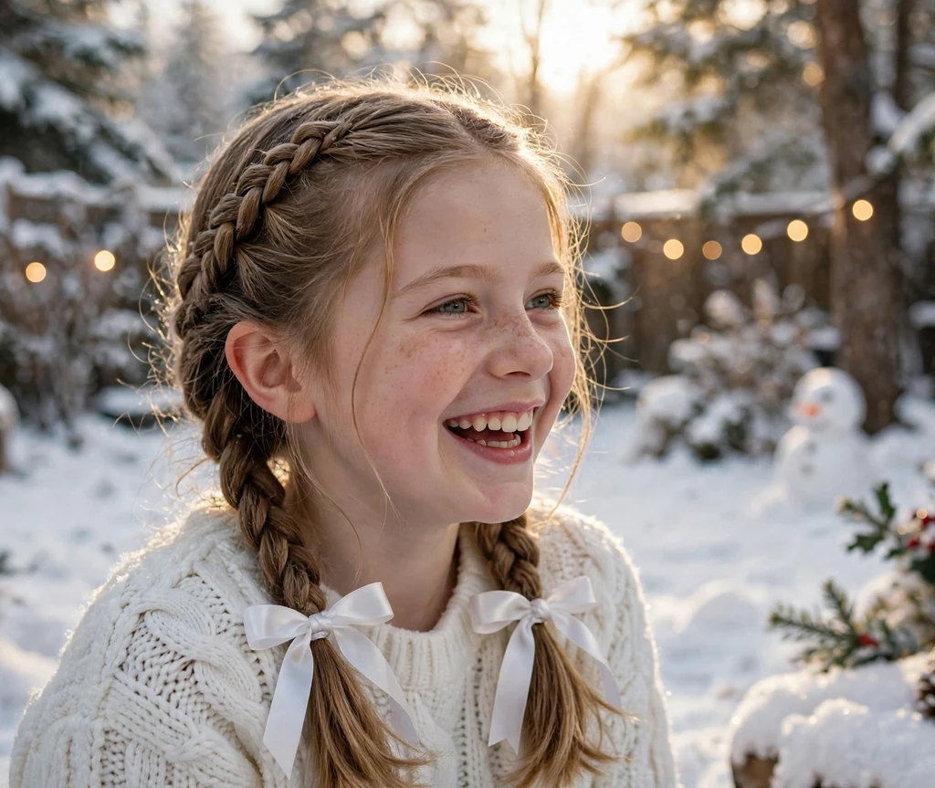 Frosty Dutch braids with white ribbons Christmas hairstyle for kids