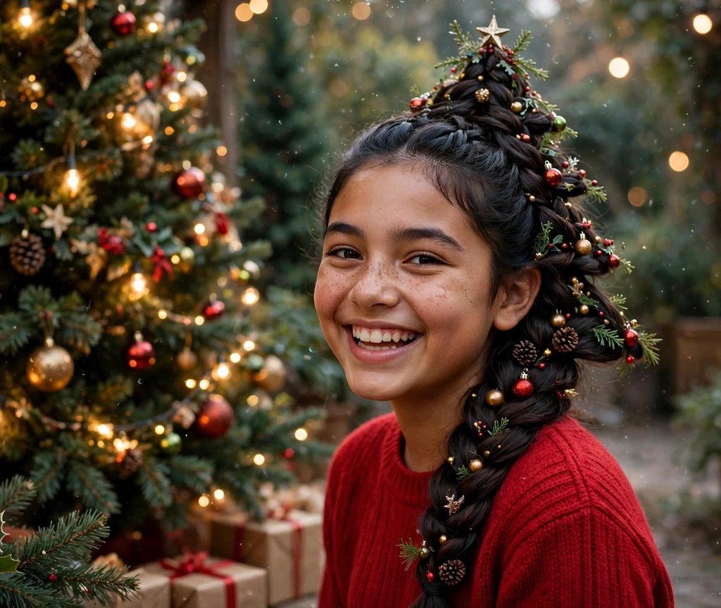 Twirly Christmas tree braid Christmas hairstyle for kids