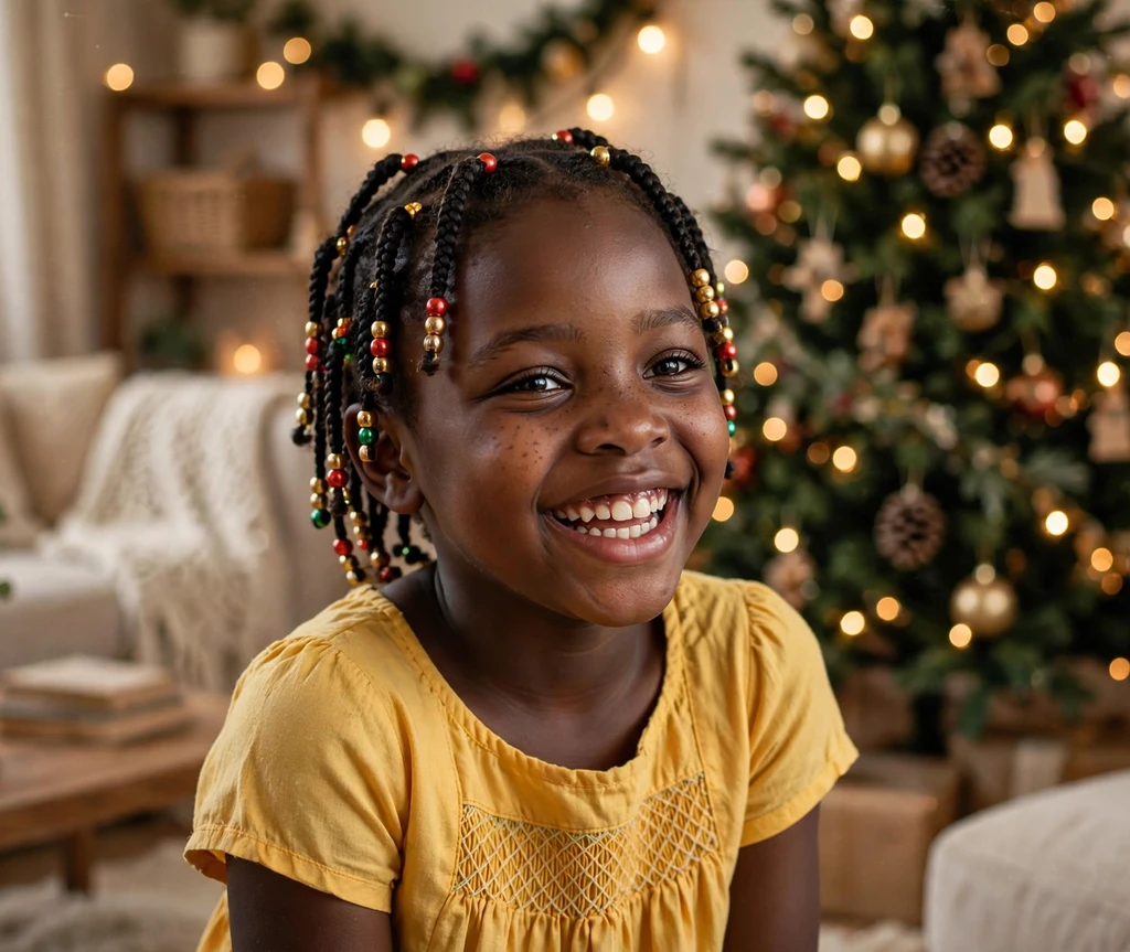 Tiny box braids with beaded ornaments Christmas hairstyle for kids