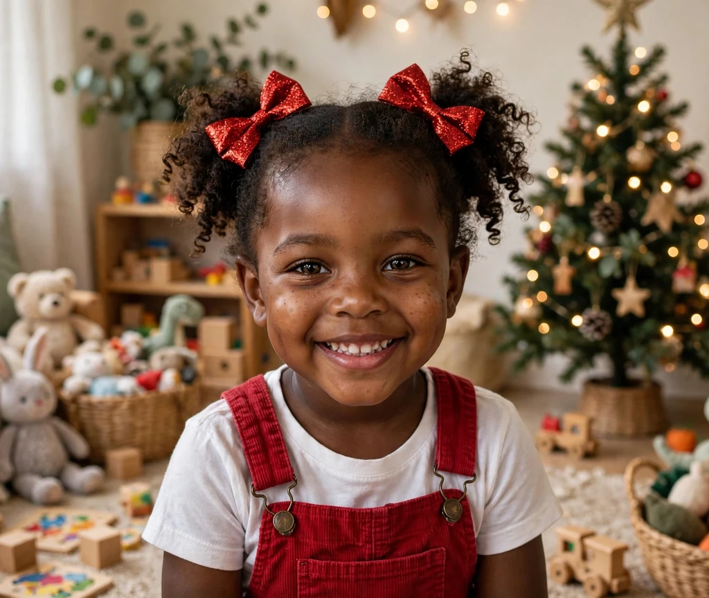 Curly pigtail puffs with glitter bows Christmas hairstyle for kids