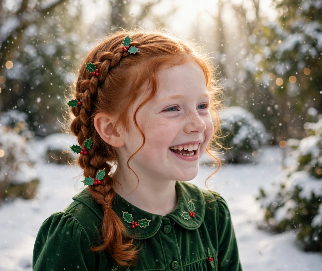 Mini waterfall braid with holly clips Christmas hairstyle for kids
