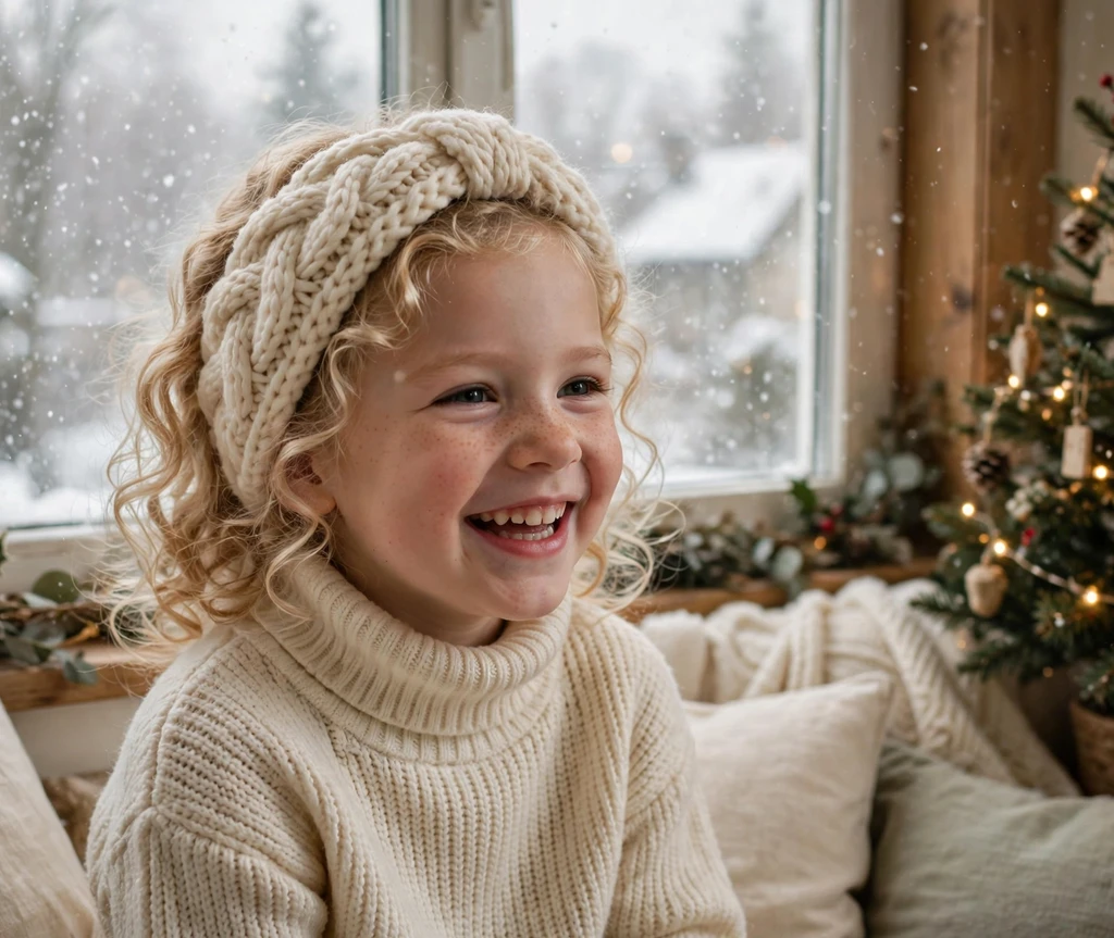 Cozy knit headband curls Christmas hairstyle for kids