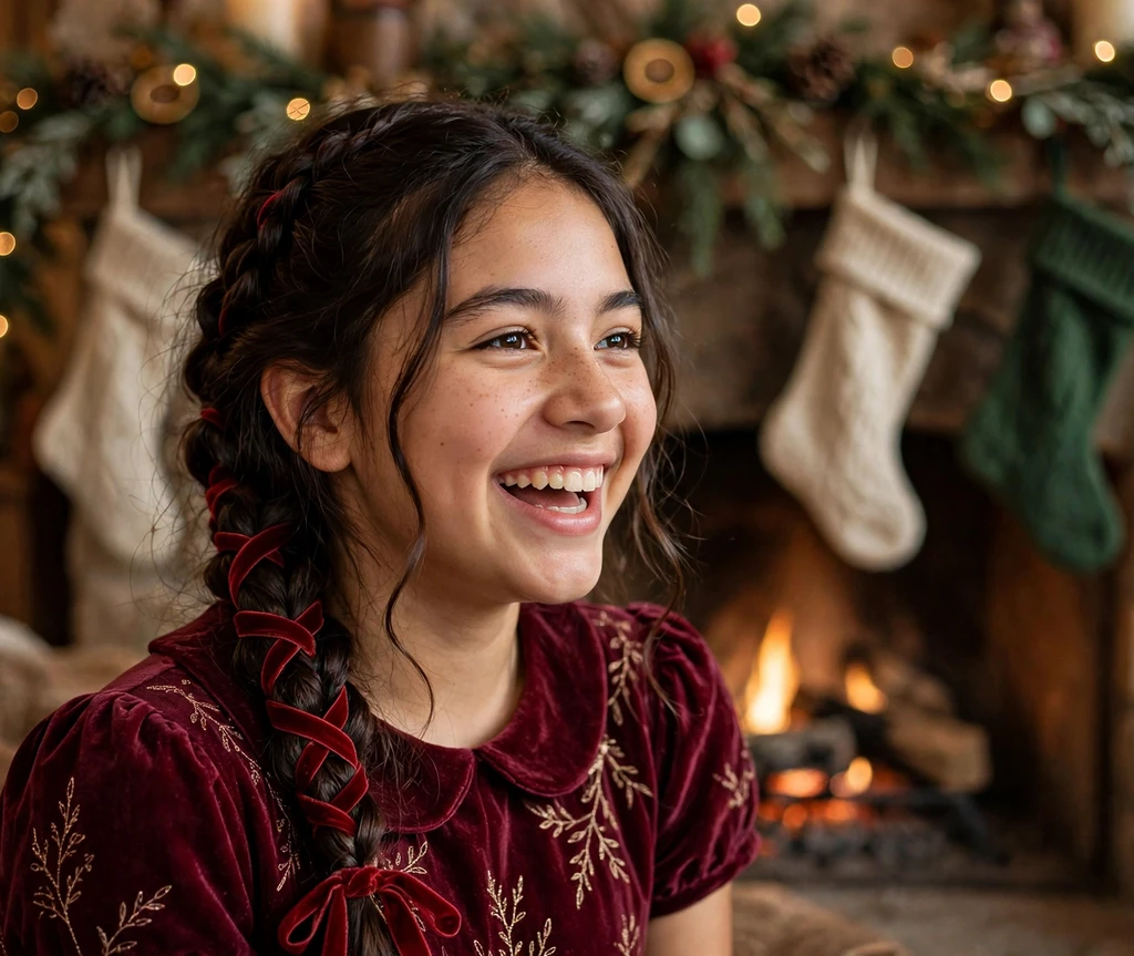 Festive fishtail braid with red ribbon Christmas hairstyle for kids